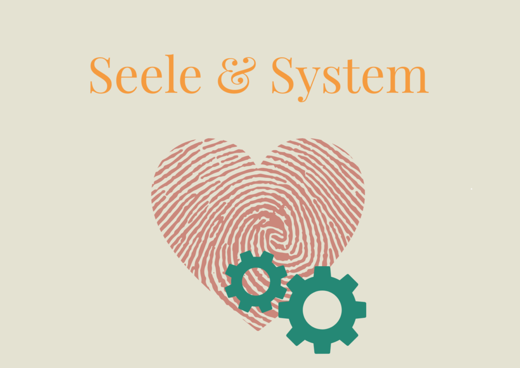 llustration mit Herz aus Fingerabdruck und Zahnrädern – Symbol für die Verbindung von Seele (Authentizität, Werte) und System (Struktur, Klarheit) im True Storytelling und Markenaufbau.