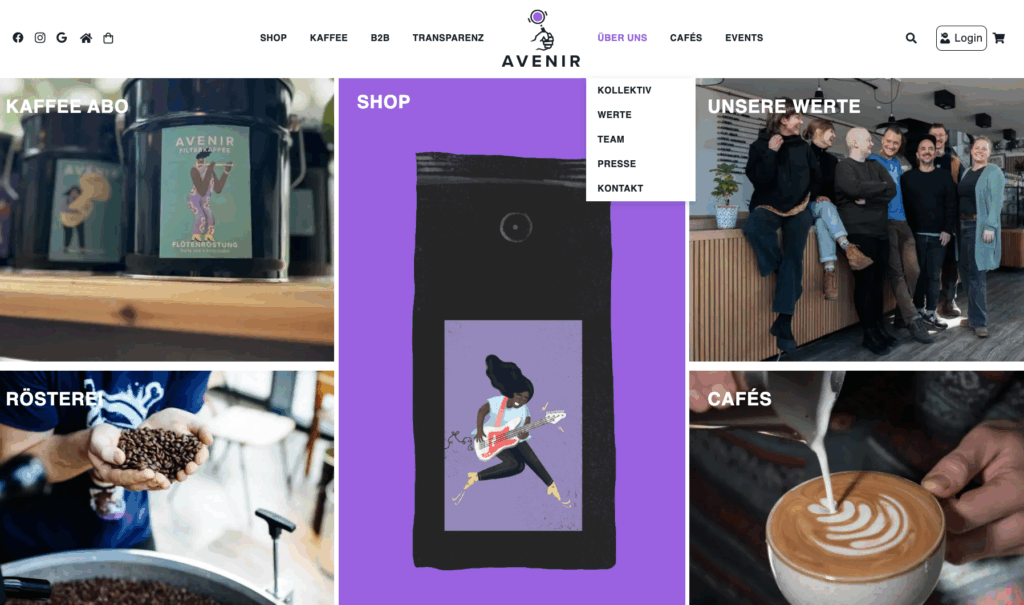 Screenshot der Website von Avenir Kaffee in Lüneburg mit Bildern von Kaffeebohnen, einem Kaffeeabo, Cafés, dem Teamkollektiv und einer Kaffeemischung im Shop.